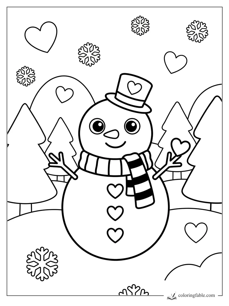 Kawaii snowman with heart buttons, striped scarf, top hat, pine trees, hearts, and snowflakes.