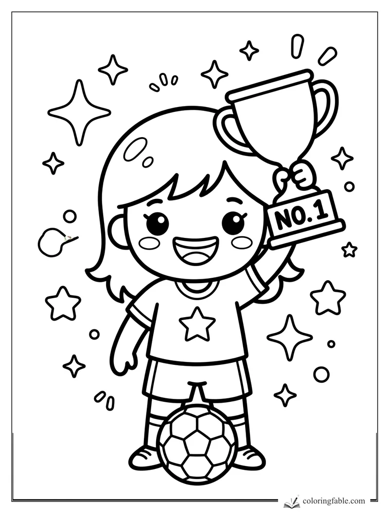 Kawaii soccer girl holding a No. 1 trophy above a ball with stars and sparkles around her