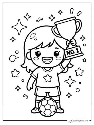 Kawaii soccer girl holding a No. 1 trophy above a ball with stars and sparkles around her