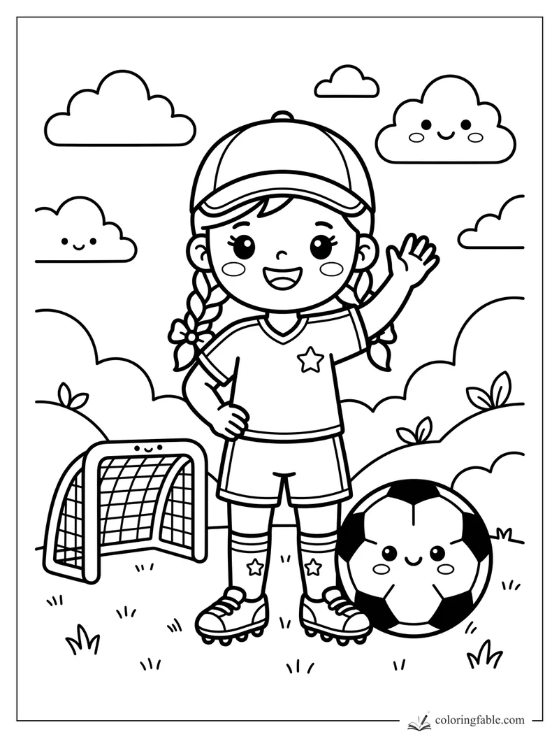 Kawaii soccer girl in cap waves beside a smiling ball, mini goal, clouds, and grassy hills.