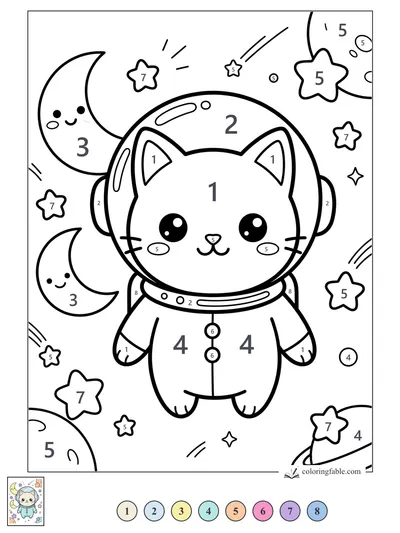 Kawaii Space Cat in a Bubble Helmet — color by number