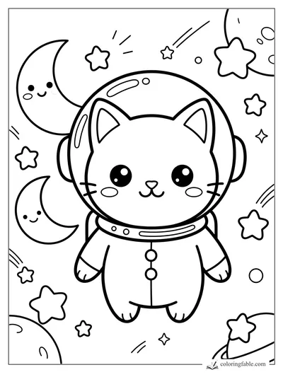 Kawaii astronaut cat in a bubble helmet floating among smiling moons, stars, and planets.