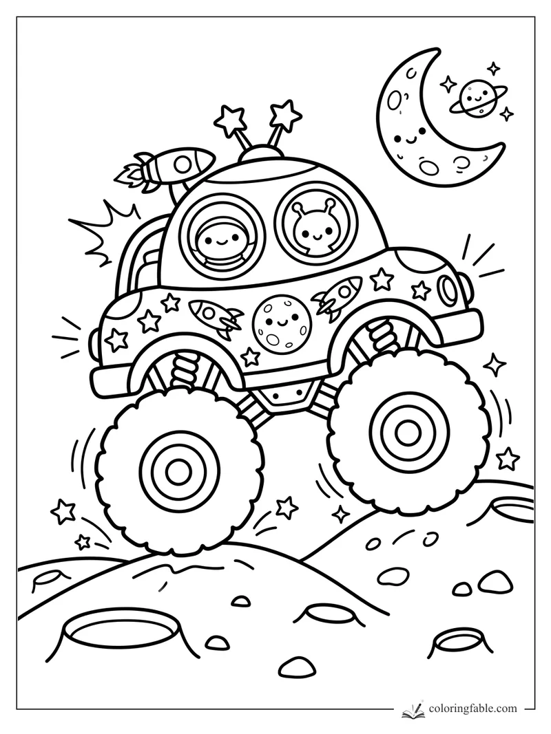 Kawaii space monster truck with alien drivers, rockets, moon, stars, and giant tires on crater hills.