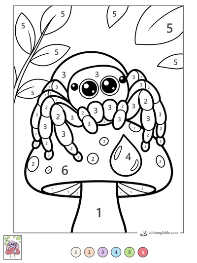 Kawaii Spider on a Spotted Mushroom — color by number
