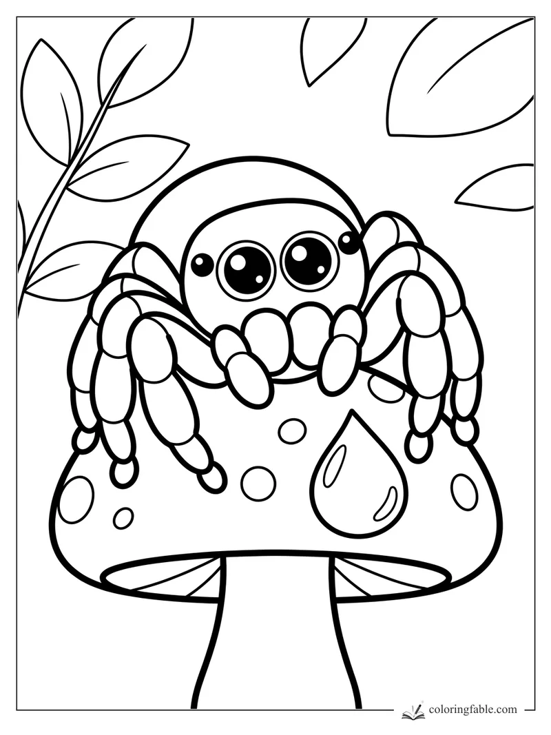 Kawaii spider with big eyes sitting on a spotted mushroom under leafy stems.