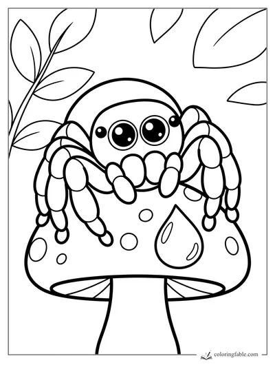Kawaii spider with big eyes sitting on a spotted mushroom under leafy stems.