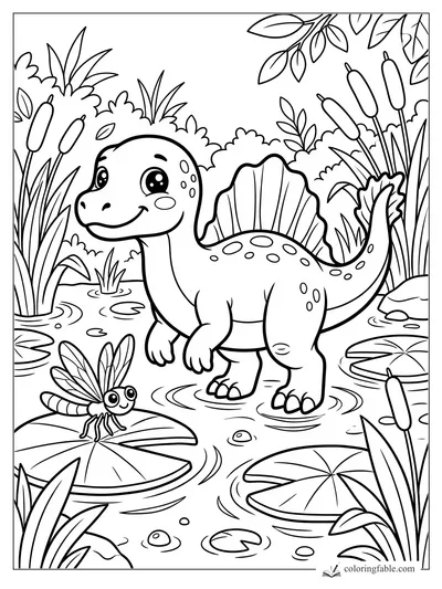 Cute spinosaurus smiling in a lily pond with a dragonfly, cattails, reeds, and lily pads.