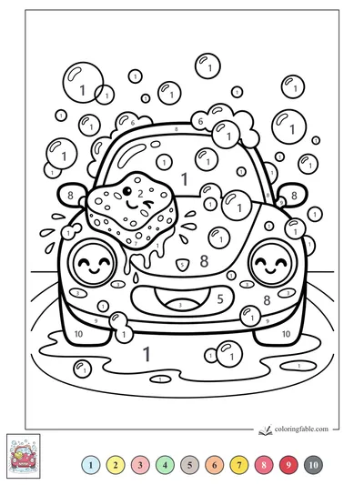 Kawaii Sports Car Getting a Bubble Wash — color by number