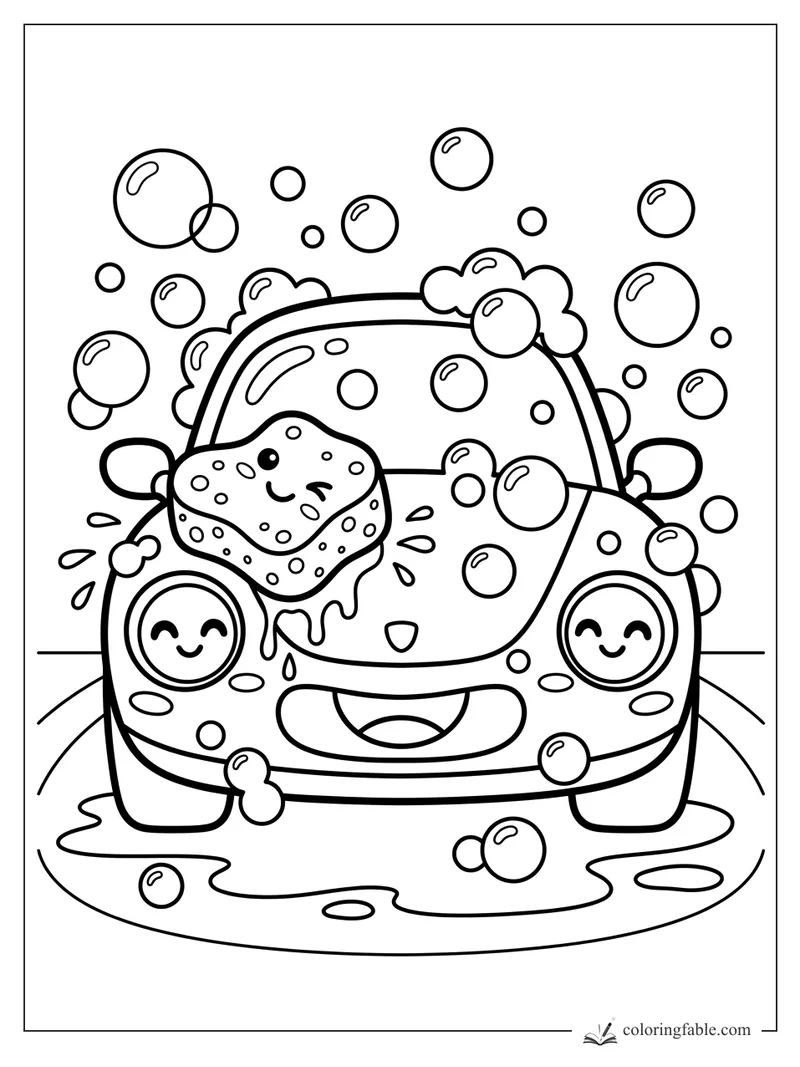 Kawaii sports car smiling in a bubble wash with a soapy sponge on its hood