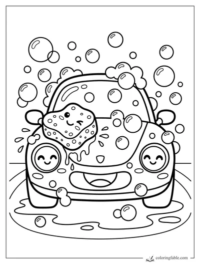 Kawaii sports car smiling in a bubble wash with a soapy sponge on its hood