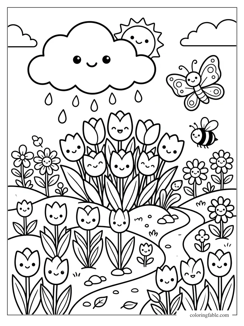 Kawaii spring garden coloring page with smiling cloud, sun, tulips, butterfly, bee, and winding path.