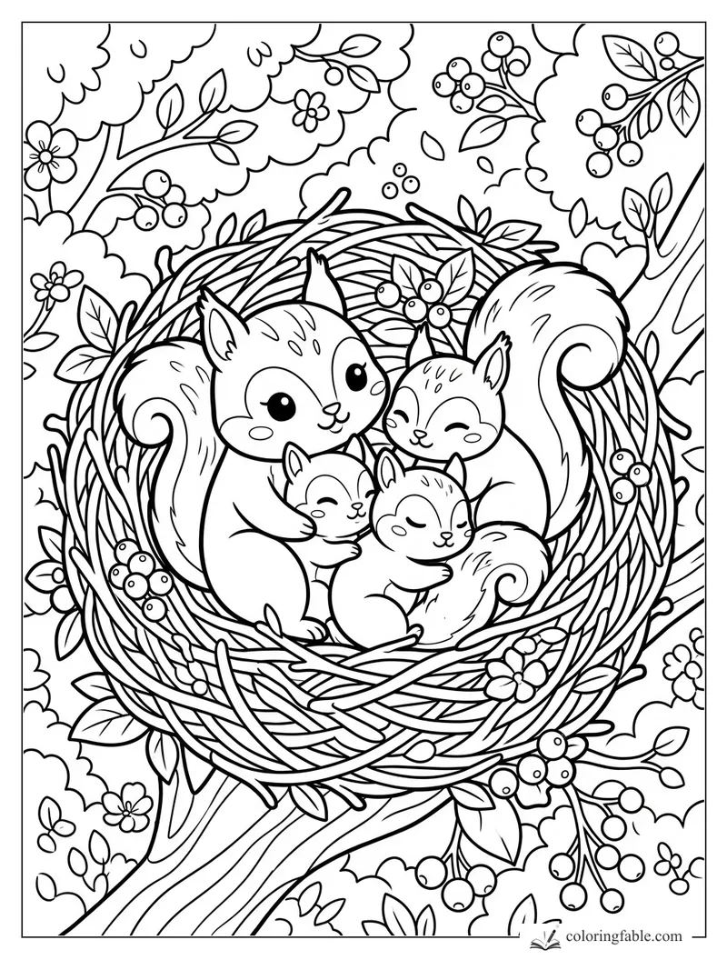 Kawaii squirrel family cuddling in a woven nest among leafy branches, berries, and flowers