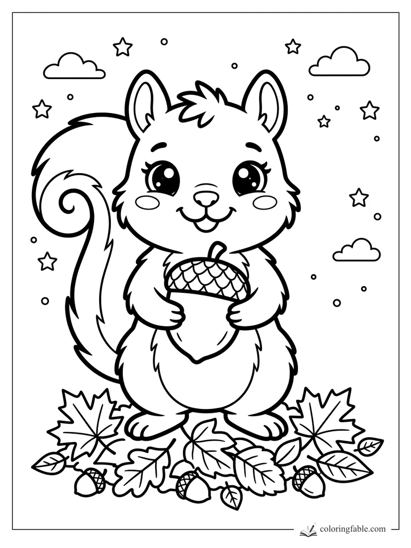 Kawaii squirrel holding a big acorn among fall leaves, stars, and small clouds