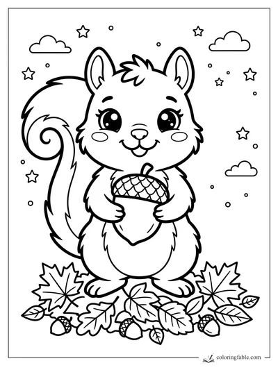 Kawaii squirrel holding a big acorn among fall leaves, stars, and small clouds