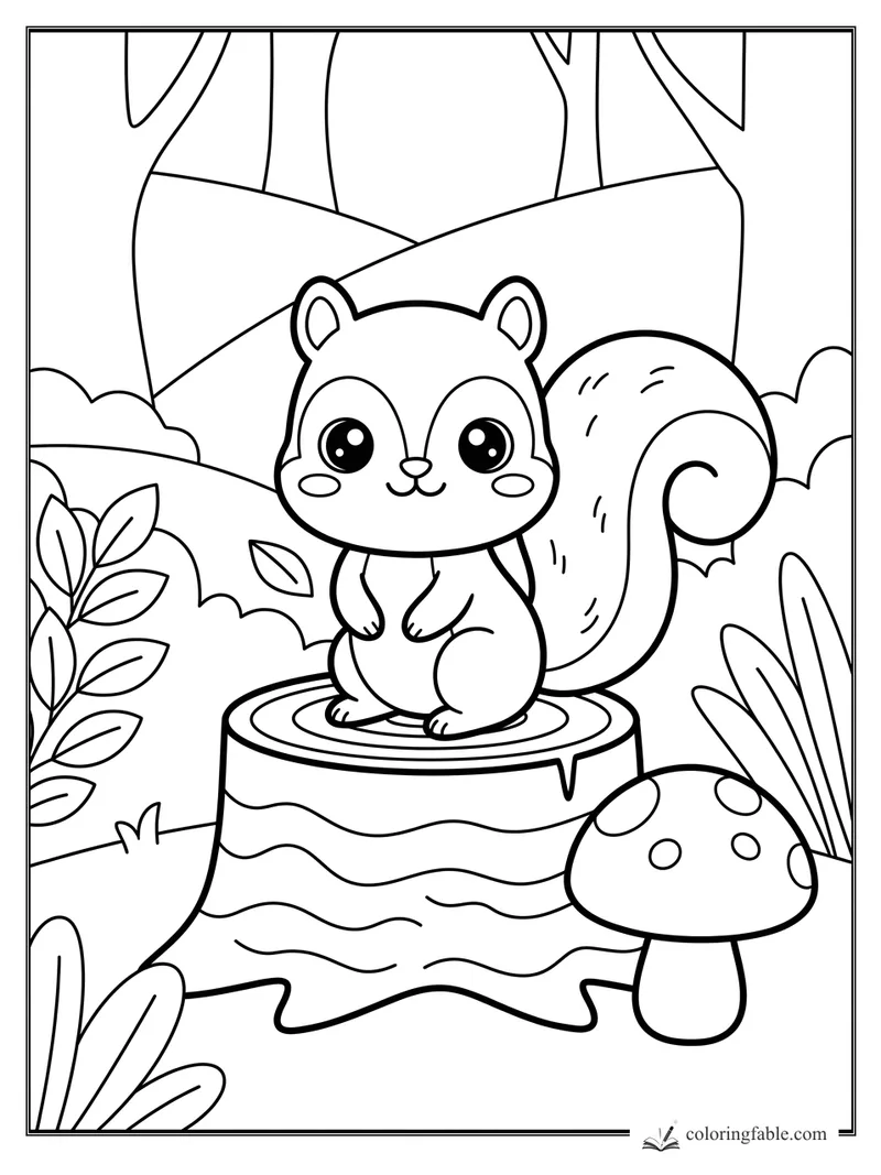 Kawaii squirrel sitting on a tree stump with a spotted mushroom, leafy plants, and forest trees.