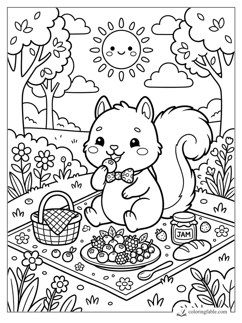Kawaii squirrel on a picnic blanket with berries, jam jar, bread, basket, flowers, trees, clouds, and smiling sun.