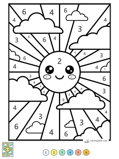 Kawaii Stained Glass Sun with Puffy Clouds — color by number