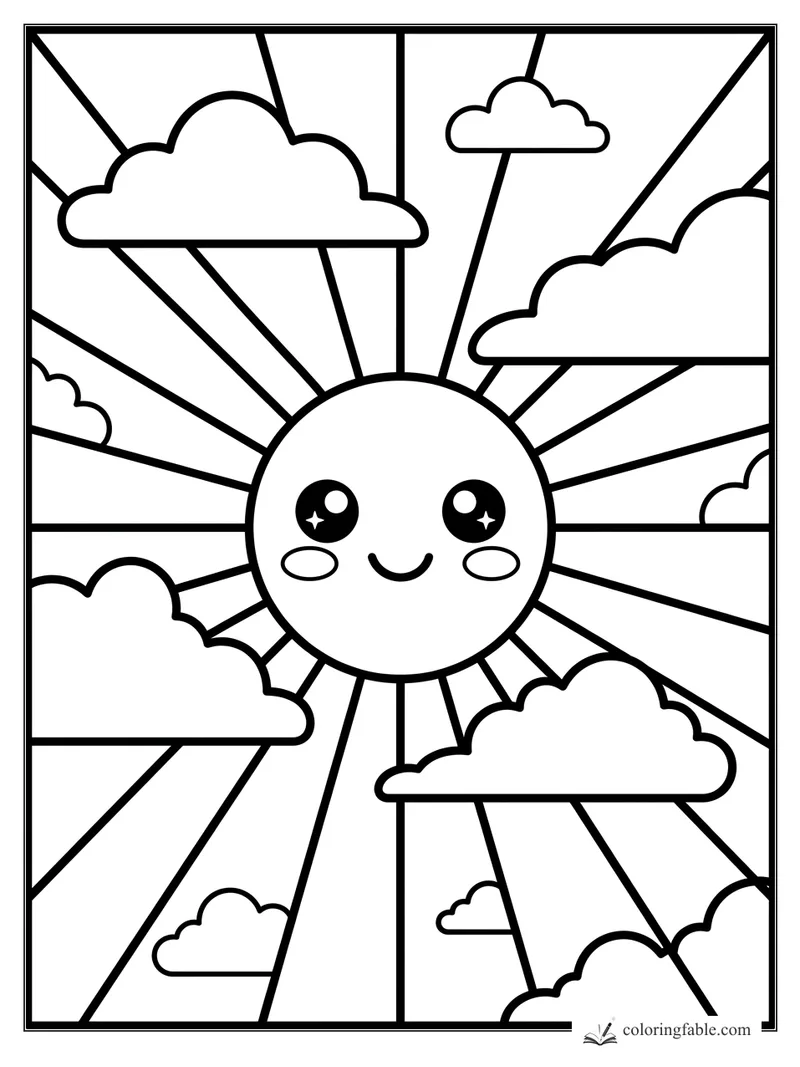 Kawaii stained glass sun with smiling face, long rays, and puffy clouds