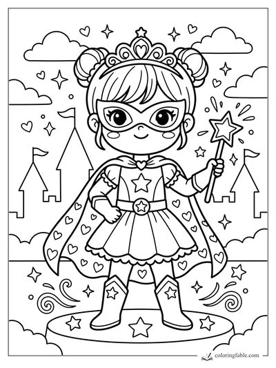 Kawaii superhero girl with tiara, mask, heart cape, star wand, castles, clouds, and sparkles.