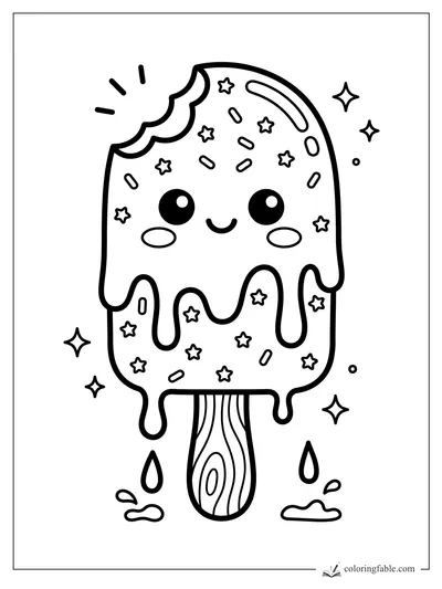 Kawaii ice pop with a bite, star sprinkles, melting drips, cute face, and wooden stick coloring page