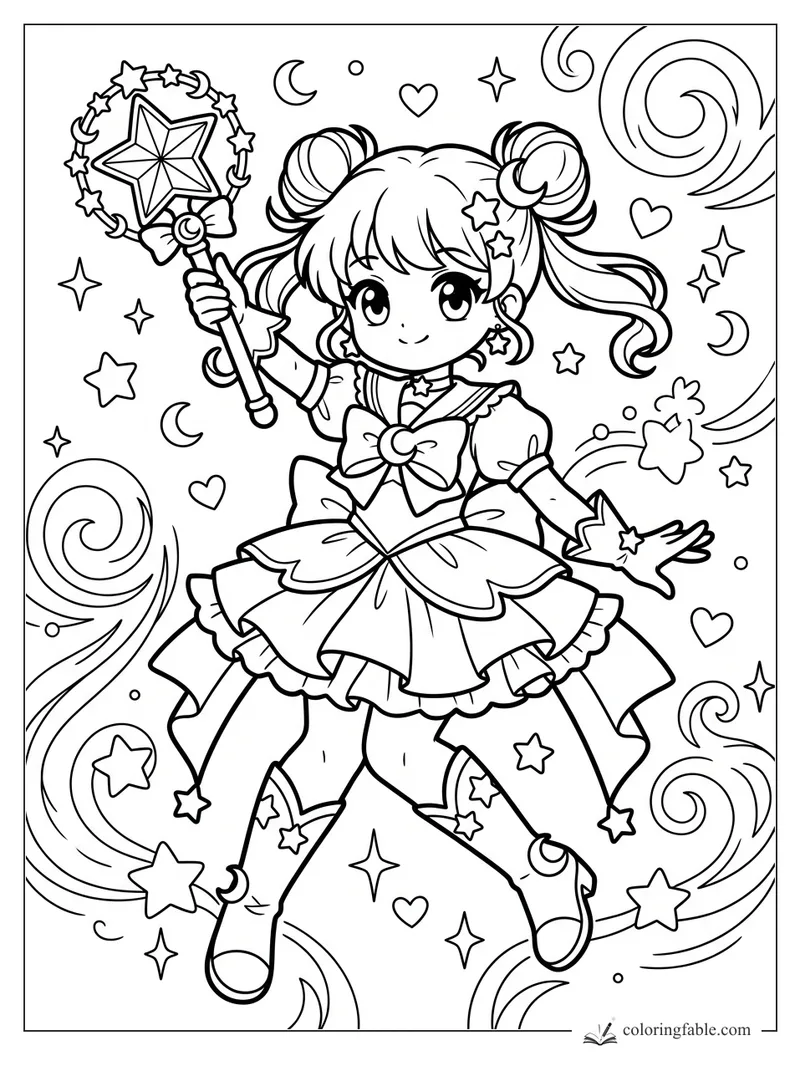 Kawaii anime magical girl holding a star wand, with twin buns, bows, moons, hearts, and swirling stars.