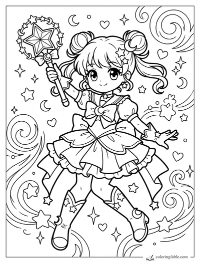 Kawaii anime magical girl holding a star wand, with twin buns, bows, moons, hearts, and swirling stars.