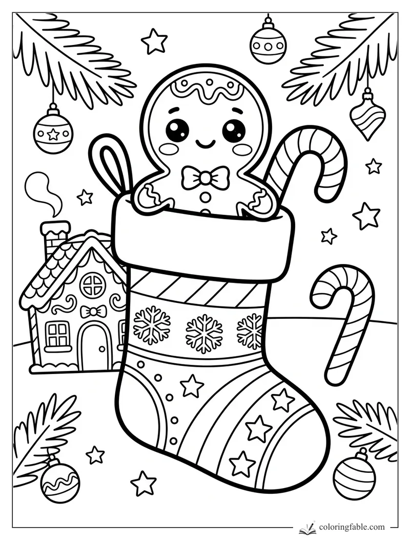 Kawaii Christmas stocking with gingerbread cookie, candy canes, ornaments, stars, and a gingerbread house.