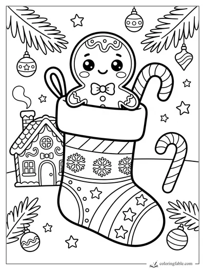 Kawaii Christmas stocking with gingerbread cookie, candy canes, ornaments, stars, and a gingerbread house.
