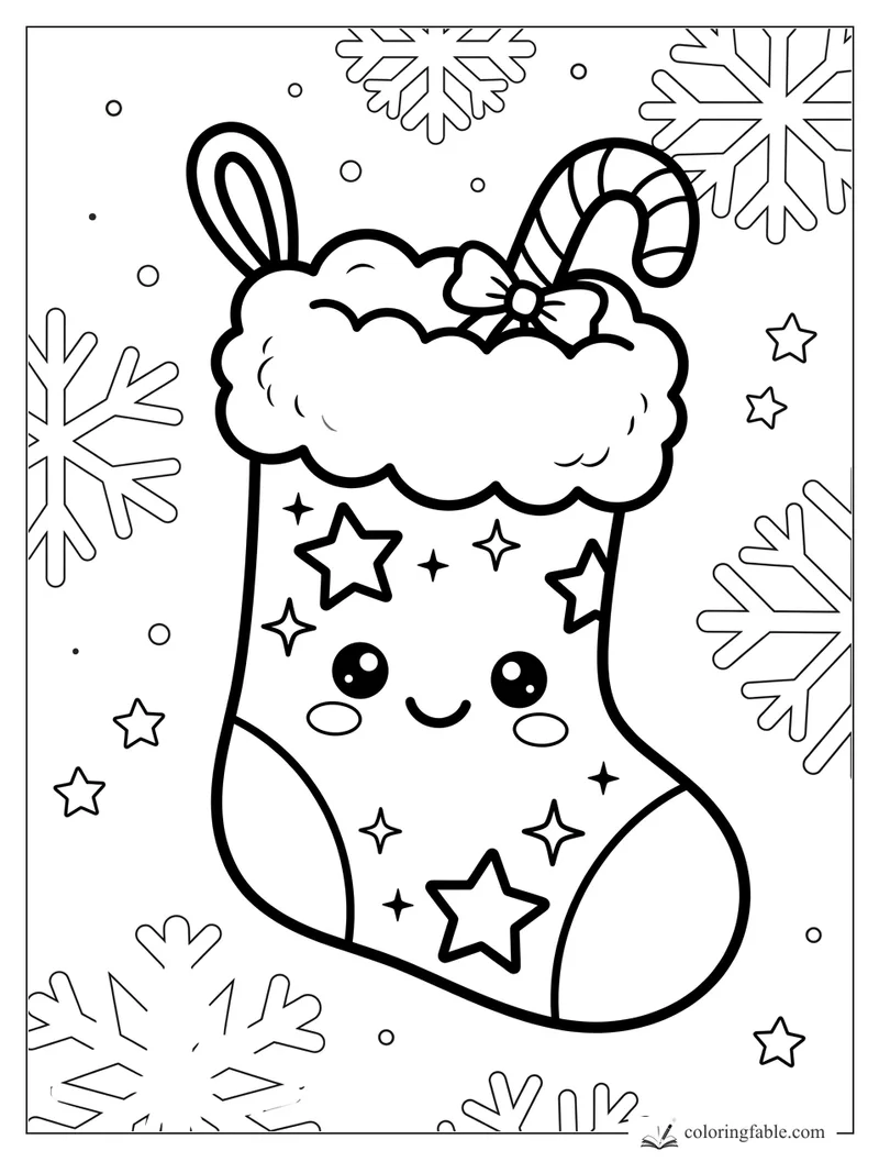 Kawaii Christmas stocking with a smiling face, fluffy cuff, candy cane, bow, stars, and snowflakes.