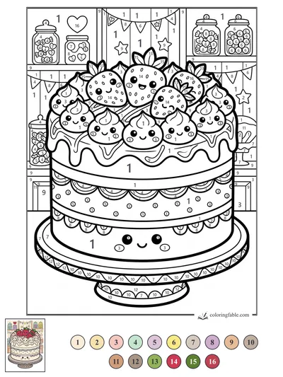 Kawaii Strawberry Cake with Candy Shelves — color by number