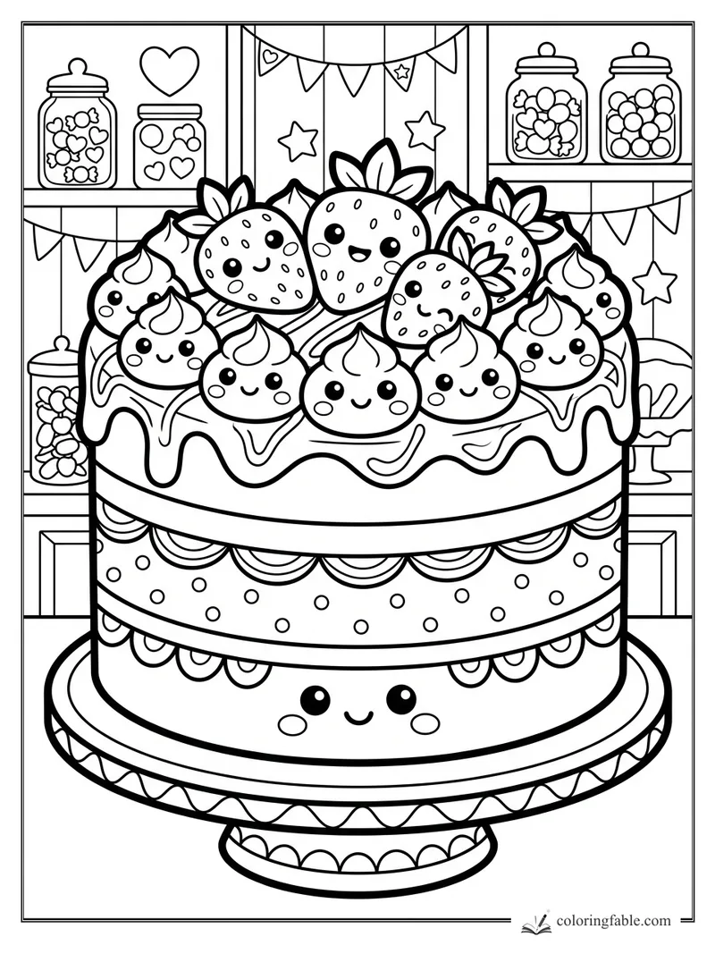 Kawaii strawberry cake with smiling frosting dollops, candy jars, bunting, and stars