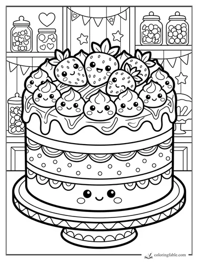 Kawaii strawberry cake with smiling frosting dollops, candy jars, bunting, and stars