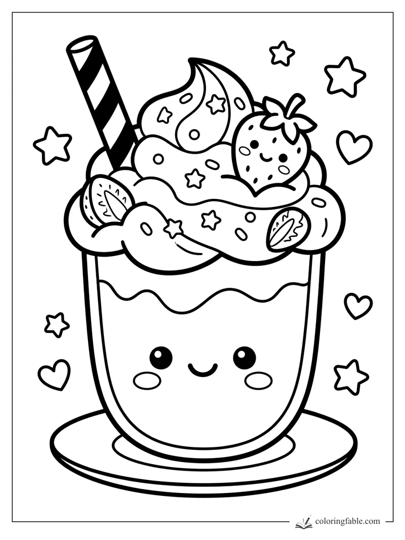 Kawaii strawberry dessert cup with whipped cream, striped straw, berry slices, stars, and hearts.