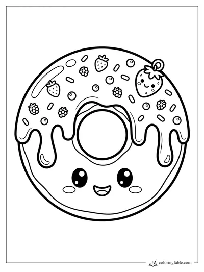 Kawaii donut coloring page with strawberry icing, sprinkles, berries, and a smiling face.