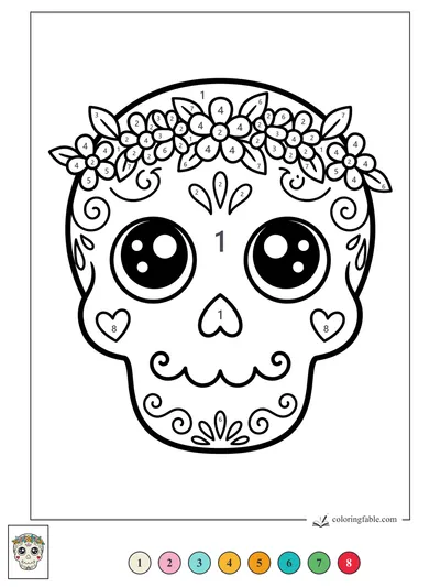 Kawaii Sugar Skull with Flower Crown — color by number