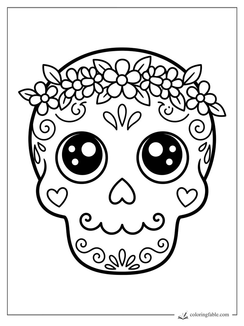 Kawaii sugar skull coloring page with big shiny eyes, heart cheeks, swirls, and a flower crown.