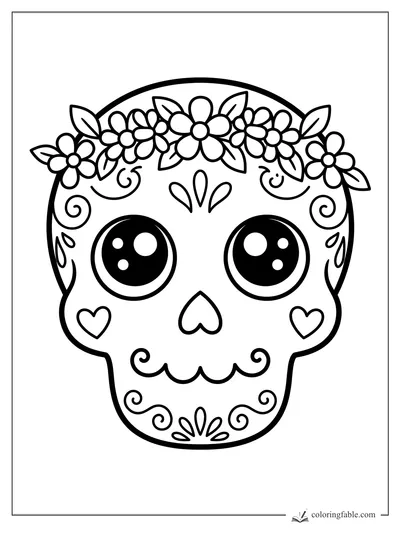 Kawaii sugar skull coloring page with big shiny eyes, heart cheeks, swirls, and a flower crown.