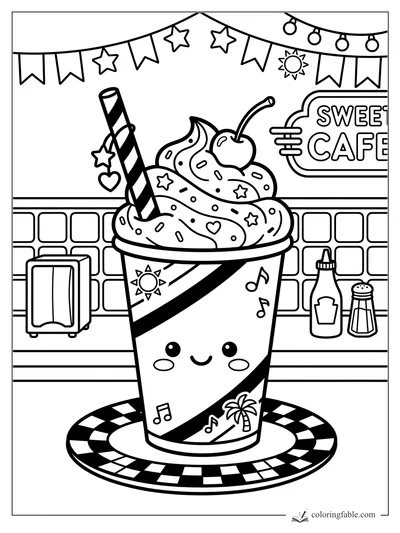 Kawaii sundae cup with whipped cream, cherry, striped wafer straw, sprinkles, and Sweet Cafe counter.