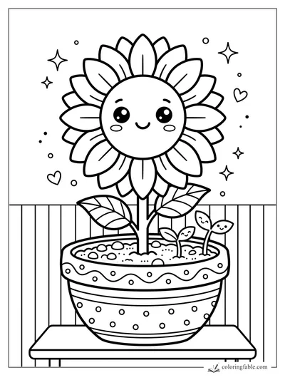 Kawaii sunflower with smiling face, leaves, sprouts, hearts, stars, and polka-dot flower pot.
