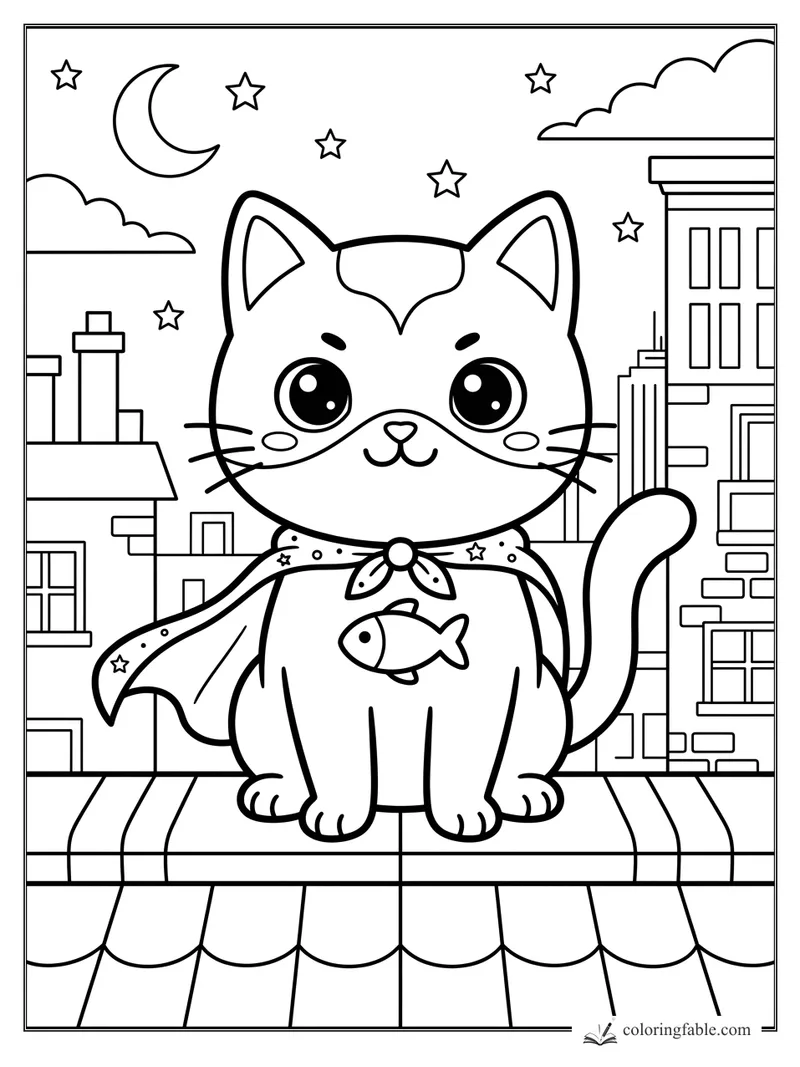 Kawaii superhero cat with cape and fish emblem on a rooftop under moon and stars
