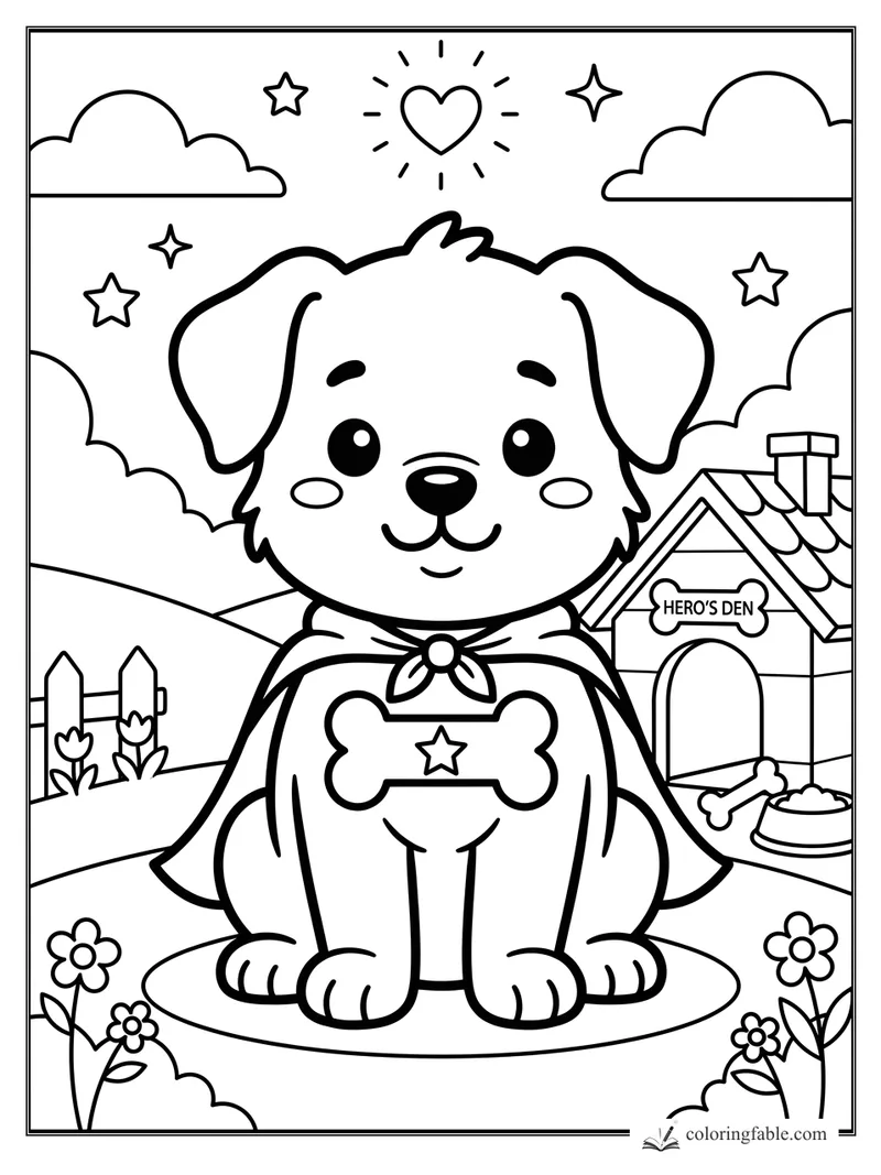 Kawaii superhero puppy with cape, bone badge, stars, clouds, and a Hero’s Den doghouse.