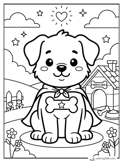 Kawaii superhero puppy with cape, bone badge, stars, clouds, and a Hero’s Den doghouse.