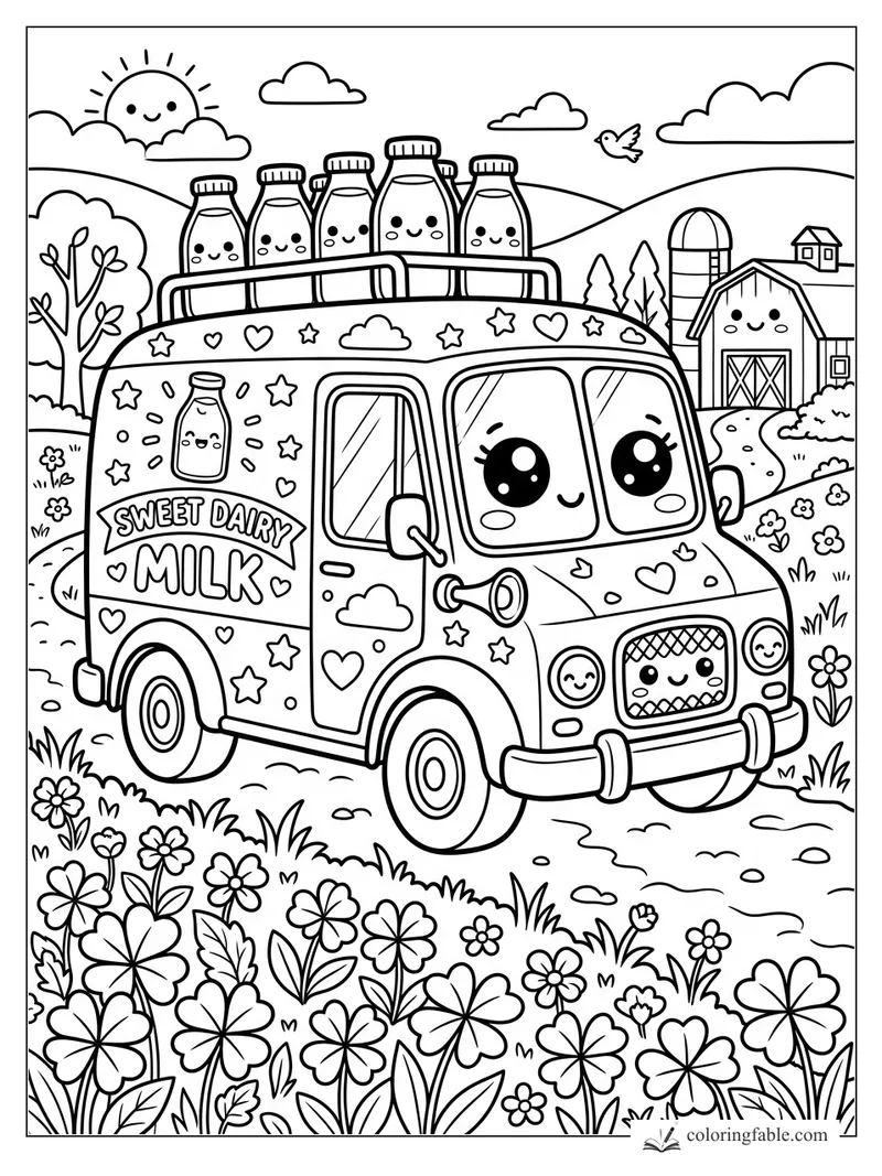 Kawaii Sweet Dairy milk truck with smiling bottles, farm barn, flowers, clouds, sun, and bird