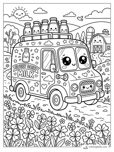 Kawaii Sweet Dairy milk truck with smiling bottles, farm barn, flowers, clouds, sun, and bird