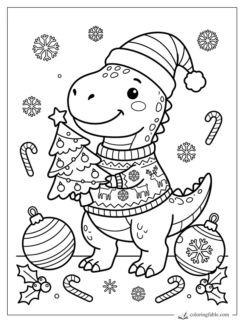 Cute T. rex in a striped Santa hat holding a decorated Christmas tree, with ornaments, candy canes, and snowflakes.