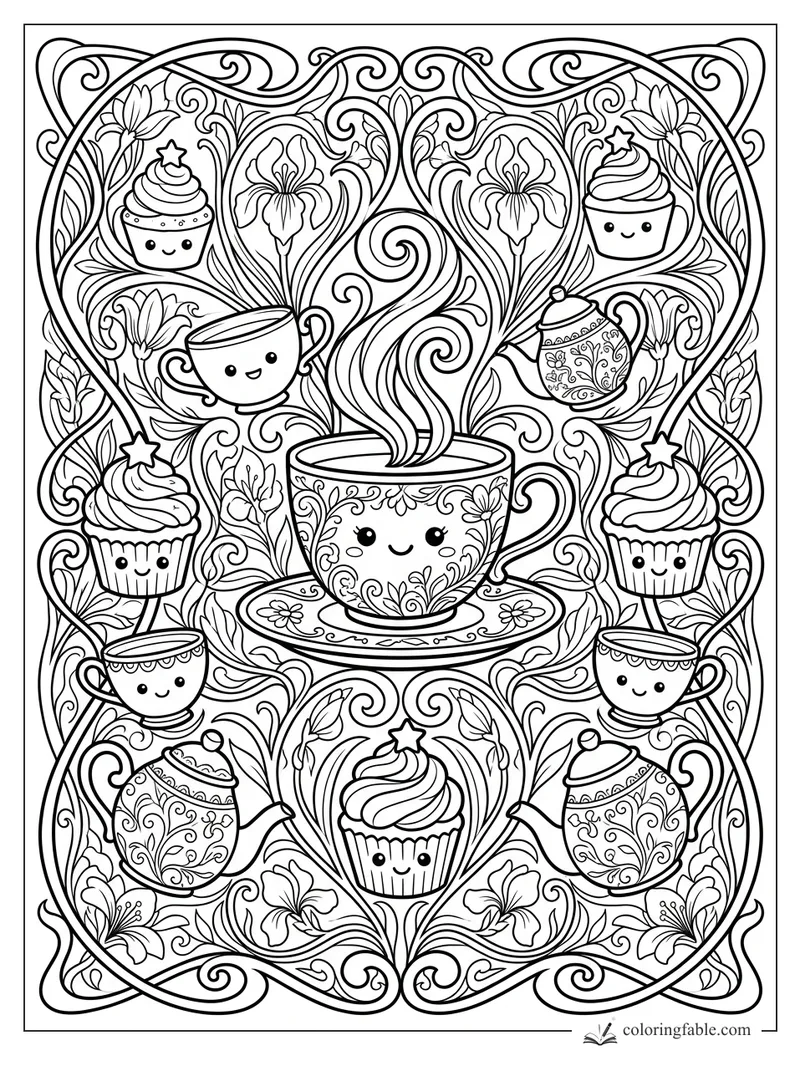 Kawaii teacup with swirling steam, cupcakes, teapots, flowers, and Art Nouveau vines