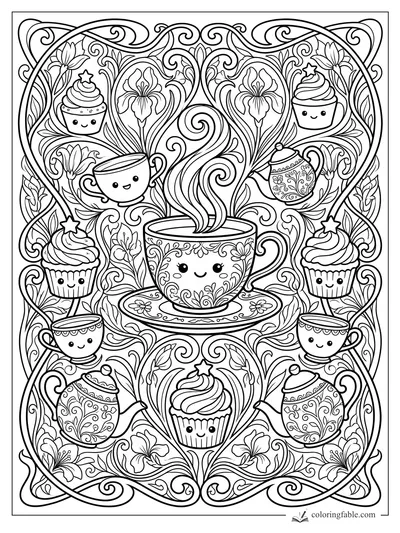 Kawaii teacup with swirling steam, cupcakes, teapots, flowers, and Art Nouveau vines