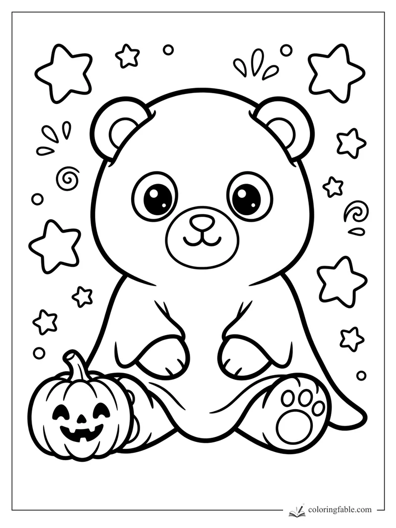Kawaii teddy bear in a ghost cape beside a smiling jack-o'-lantern, with stars and swirls