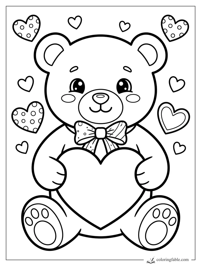 Kawaii teddy bear holding a large heart, with a bow tie, paw pads, and floating heart doodles.