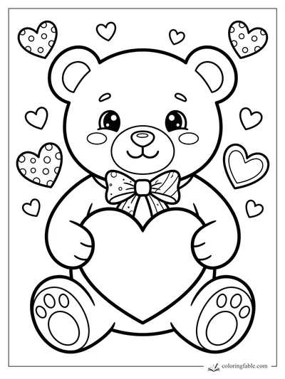 Kawaii teddy bear holding a large heart, with a bow tie, paw pads, and floating heart doodles.